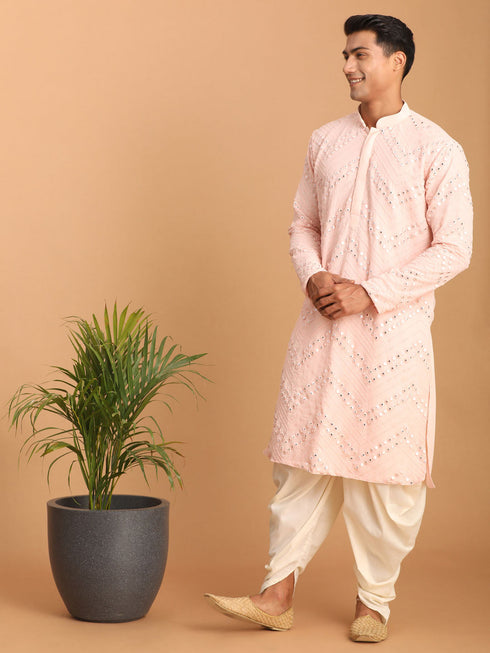 Vastramay Men's Pink Mirror Kurta Dhoti Set